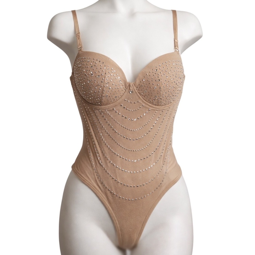 Tan Rhinestone Studded Mesh Bodysuit 2XL‎ Fits Size L Underwire V-Neck